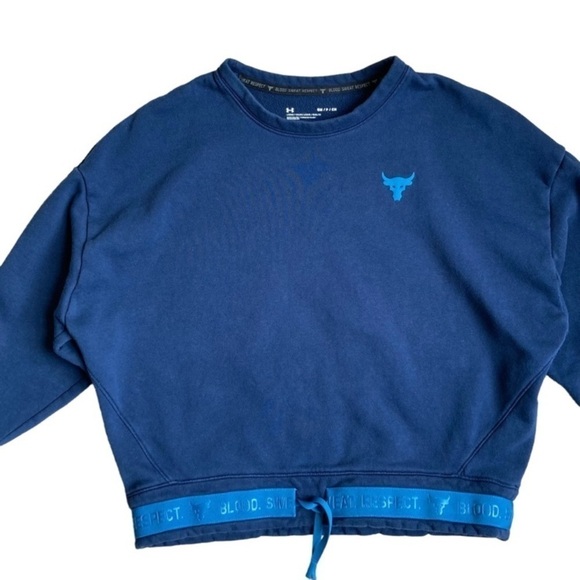 Under Armour Project Rock Sweater Crewneck Sweatshirt Drawstring Crop Navy S - Picture 6 of 15